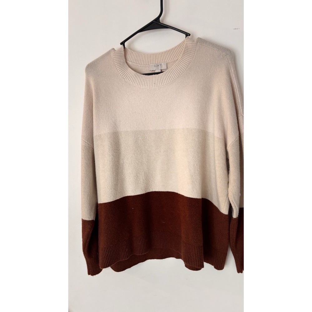 Loft Sweater Women's Petite Large Stripe Cable Pullover Wool Blend Casual Brown